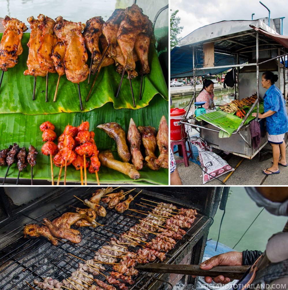 Comida barata en los puestos de comida de la puerta de Chiang Mai.