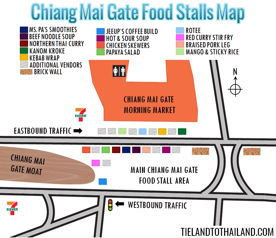 Comida barata en los puestos de comida de la puerta de Chiang Mai.