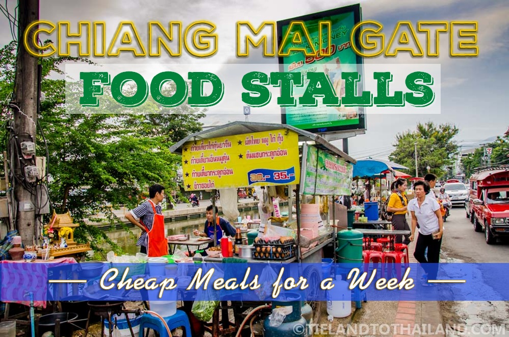 Comida barata en los puestos de comida de la puerta de Chiang Mai.
