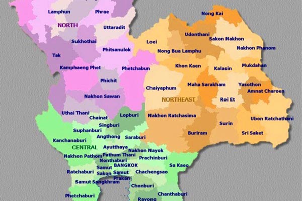 Un mapa codificado por colores de Tailandia (incluidas las provincias) y una descripción general regional