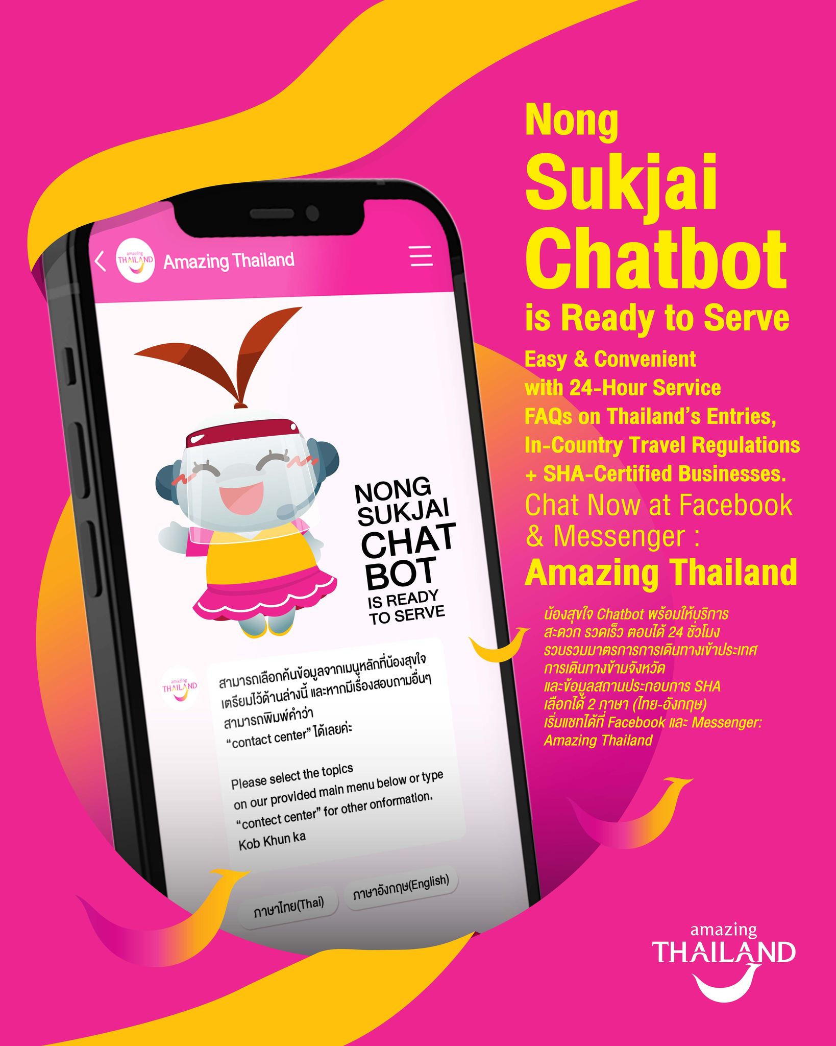Últimos programas de entrada a Tailandia; No hay fecha límite de inscripción para Test & Go el 15 de enero; Plan del Nuevo Capítulo; TAT da la bienvenida al chatbot Nong Sukjai